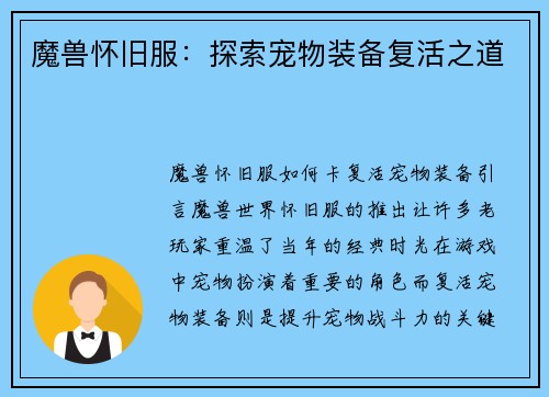 魔兽怀旧服：探索宠物装备复活之道
